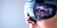 Futuristic augmented reality glasses displaying glowing network connections and digital data visualization on reflective lens surface against light background.