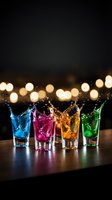 Colorful cocktail shots splashing in glasses with bokeh lights background for party and celebration concepts.