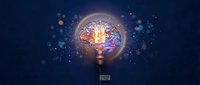 Glowing light bulb with brain inside against starry night sky background symbolizing creativity, innovation and bright ideas for business concepts.