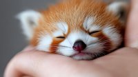 Sleeping red panda cub with closed eyes resting peacefully on human hand, showing adorable expression with white and orange fur in soft focus macro photography.