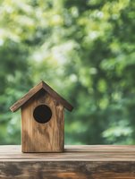 Wooden birdhouse on rustic table against blurred green garden background, natural light creates soft bokeh effect, minimalist spring garden composition.