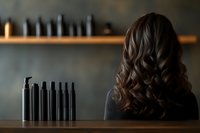Back view of brunette woman with styled curly hair sitting at wooden counter with black cosmetic bottles, dark moody atmosphere in beauty salon.