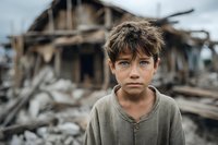 Young boy standing in front of destroyed building after disaster or conflict, showing resilience amid devastation and rubble for humanitarian awareness campaigns.