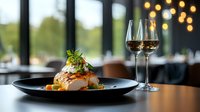 Grilled salmon fillet topped with herbs and sauce on black plate, served with white wine in elegant restaurant setting with bokeh lights and window view.