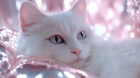 White fluffy cat with mesmerizing eyes against pink bokeh background, soft focus portrait showing feline beauty and mystical expression in dreamy lighting atmosphere.