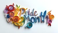 Colorful quilled paper lettering spelling Pride Month decorated with swirls and flourishes in rainbow colors against white background, suitable for LGBTQ+ celebration designs.