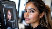 Young mixed-race woman smiling at camera with photo editing software visible on computer screen behind her, content creator workspace setup for digital media production.