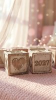 Wooden blocks with carved heart and year 2027 on soft pink fabric with sheer curtain and bokeh lights, symbolizing love and future planning for weddings, anniversaries, and romantic occasions.