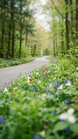 Straight tree-lined forest path with wildflowers blooming along the roadside, featuring blue and orange flowers among green foliage and tall trees creating natural tunnel effect.