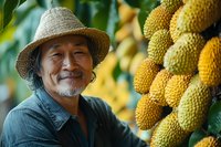 Senior Asian farmer smiling near ripe jackfruit growing on tree, wearing straw hat and denim shirt, sustainable agriculture concept in tropical setting.