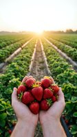 Fresh ripe strawberries cupped in hands at sunrise over organic farm field rows. Agricultural harvest concept for healthy eating and sustainable farming.