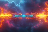 Glowing neon energy stream with orange and blue light effects against dramatic stormy clouds, futuristic technology concept for digital backgrounds.