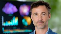 Confident middle-aged Caucasian businessman with stubble beard wearing blue suit jacket against blurred background with colorful financial charts and graphs.