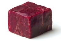 Raw beef chunk on white background shows fresh red meat texture and marbling. Isolated premium cut ready for cooking or butcher shop display.