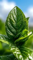 Fresh green leaf with water drops and detailed venation pattern against blurred blue sky background, macro nature photography suitable for environmental concepts.