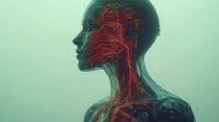Futuristic profile silhouette showing glowing red neural pathways and digital connections inside human head against mint green background, representing artificial intelligence.