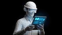 Futuristic robot engineer in white helmet analyzing digital data on transparent tablet screen against dark background for technology concepts.