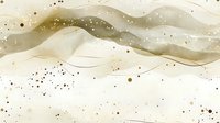 Abstract fluid art background in neutral beige and gold tones with flowing waves, organic shapes, and scattered metallic dots creates luxurious minimal design.