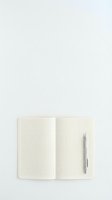 Open notebook with grid pages and silver pen on white background for planning and note-taking projects.