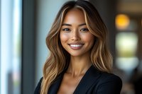 Young Asian businesswoman with highlighted wavy hair and bright smile wearing black blazer, photographed in modern office setting with soft natural lighting and bokeh background.