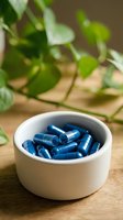 Blue capsules in white ceramic bowl on wooden surface with green plant background for health and wellness supplement concepts.