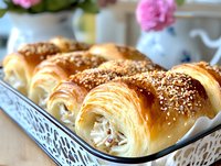 Fresh baked croissants with sesame seeds and cream cheese filling arranged in vintage metal tray, soft natural lighting highlights flaky golden layers.