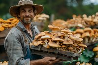 Bearded Caucasian farmer in denim overalls and hat holding wooden crate full of fresh harvested mushrooms, sustainable agriculture and organic farming concept.