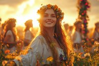 Young woman with flower crown smiling in golden sunset light among wildflowers, wearing white lace dress, with blurred festival crowd in background.