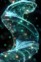 Luminous turquoise spiral with glowing particles and golden light spots floating in dark space, creating magical ethereal atmosphere for fantasy or science backgrounds.