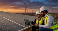 Two male engineers in safety gear monitoring solar panel performance with tablet at renewable energy facility during golden hour sunset.