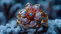 Delicate pink flower ring with opal petals and crystal details nestled in snow, showcasing intricate metalwork and gemstone arrangement. Luxury jewelry photography.