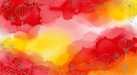 Vibrant watercolor gradient transitioning from red to yellow with traditional lantern and floral line art elements, suitable for festive backgrounds and cultural celebrations.