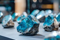 Raw blue apatite crystal specimens on display, showing natural mineral formation with rough edges and vibrant turquoise color against blurred background.