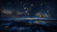 Constellation patterns with connecting lines over Earth planet surface against starry night sky background for astronomy and space exploration concepts.