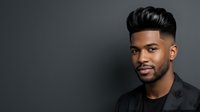 Young man with dark skin tone and modern undercut hairstyle wearing black casual shirt against neutral gray background, suitable for grooming, fashion, and lifestyle marketing.