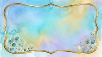Watercolor floral frame with soft pastel gradient background in blue, yellow, and purple tones, featuring delicate botanical elements and gold decorative border.