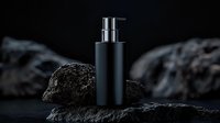 Minimalist black cosmetic bottle with silver pump dispenser on dark stone against dramatic black background, luxury skincare packaging mockup.