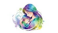 Mother holding baby in tender embrace with colorful watercolor gradient effect isolated on white background for maternal love designs.