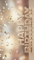 Happy Birthday gold metallic text with falling confetti on a warm bokeh background, perfect for greeting cards and celebration designs.
