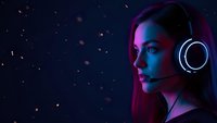 Young woman gamer with headset in neon purple and blue lighting against dark starry background for gaming and esports content.