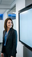 Professional businesswoman in dark suit smiling confidently in modern office environment with large windows and contemporary architecture.