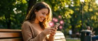 Young woman sitting on park bench using smartphone with heart emoji notifications floating above screen during golden hour sunset in urban outdoor setting.