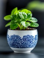 Fresh green peperomia plant growing in decorative white and blue ceramic pot with oriental pattern against dark background, macro photography.