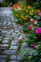 Wet cobblestone garden path bordered by vibrant pink and orange flowers, creating a romantic atmosphere with shallow depth of field and rain-kissed stones.