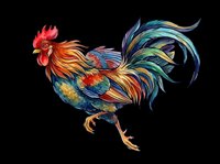 Colorful watercolor rooster with vibrant feathers, isolated on transparent background. Great for t-shirt design, stickers, clipart, sublimation, and print on demand.