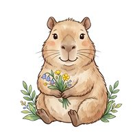 Cute capybara holding wildflowers with green foliage, isolated on white background. Perfect for children's illustrations, nursery decor, greeting cards, and apparel design.