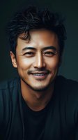 Handsome Asian man with stylish hair and warm smile wearing casual black shirt against dark background for lifestyle and portrait photography.