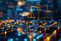Golden scales of justice on glowing blue bokeh background with orange light reflections, perfect for legal services, law firm websites and justice concepts.