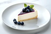 Slice of creamy vanilla cheesecake topped with fresh blueberries and mint leaves on white plate, berry sauce drizzle, graham cracker crust base. Food photography.