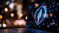 Glowing blue shield icon floating above laptop keyboard with bokeh lights background, cybersecurity concept for digital protection and data privacy.
